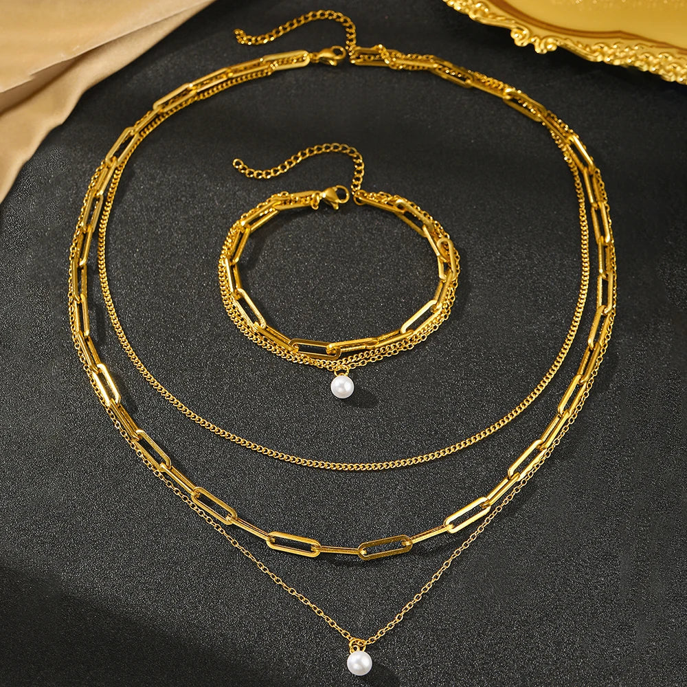Stainless Steel Jewelry Set Elegant Delicate Pearl Pendant Jewelry Set Luxury Multi-Layer Chain Jewelry Set For Women Jewelry
Elevate your elegance with our luxurious stainless steel jewelry set, designed to reflect your unique style and grace.