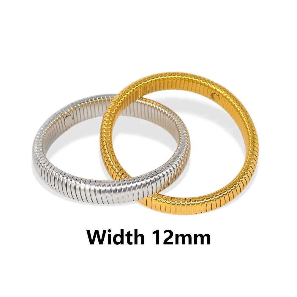 The image depicts a stylish bracelet with a ribbed design in a shiny rose gold color, suggesting it is made of 18k gold plated titanium. The bracelet features a twisted, interwoven appearance, giving it a unique and fashionable look. It appears to be a single, continuous band without clasps, showcasing its design.
