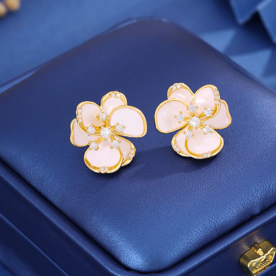 1 Pair Cute Sweet Simple Style Flower Copper Zircon Imitation Gold Ear Studs