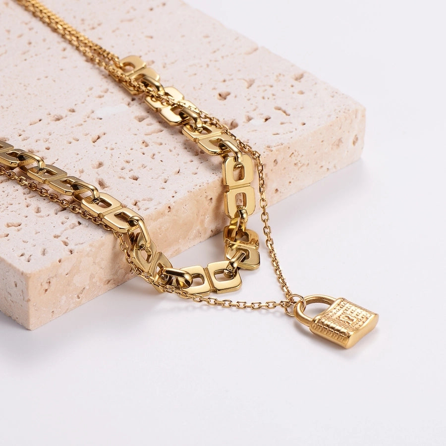 18K Gold Plated Casual Lock Layered Stainless Steel Necklaces