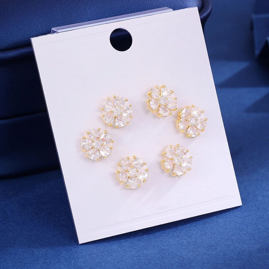 3 Pairs Sweet Pastoral Simple Style Flower Copper Zircon Imitation Gold Ear Studs