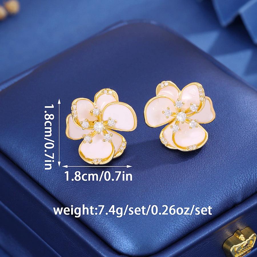 1 Pair Cute Sweet Simple Style Flower Copper Zircon Imitation Gold Ear Studs