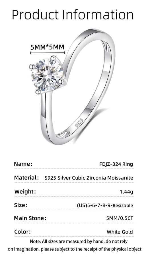 925 Sterling Silver Moissanite Zircon Round Rings