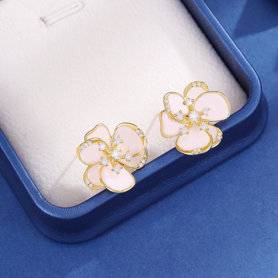 1 Pair Cute Sweet Simple Style Flower Copper Zircon Imitation Gold Ear Studs