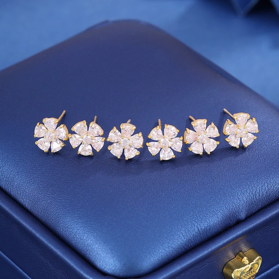 3 Pairs Sweet Pastoral Simple Style Flower Copper Zircon Imitation Gold Ear Studs