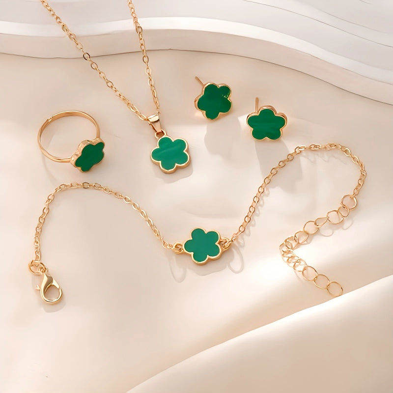 Lucky Five-petal Flower Clover Earrings Necklace set