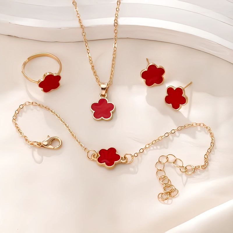 Lucky Five-petal Flower Clover Earrings Necklace set