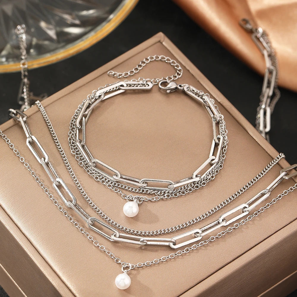 Elegant Pearl Multi-Layer Chain set