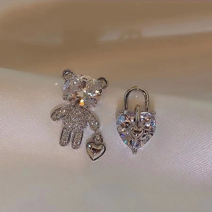 cute bear heart shape alloy asymmetrical inlay rhinestones women's ear studs 1 pair