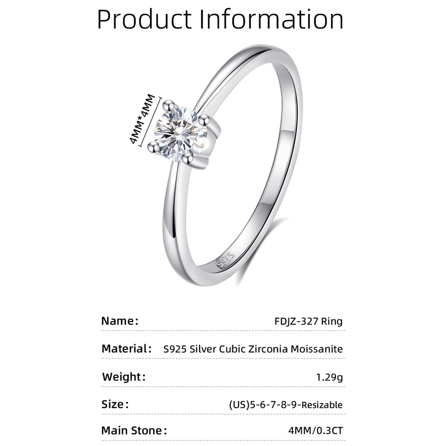 925 Sterling Silver Moissanite Zircon Round Rings