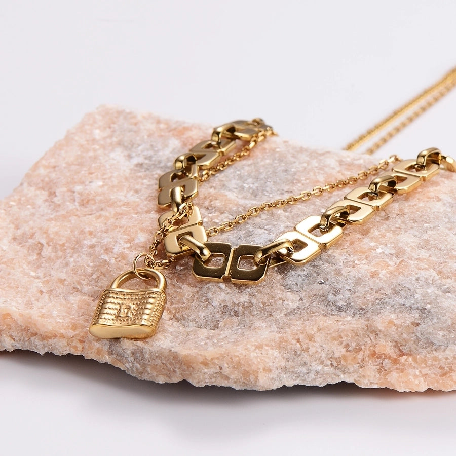 18K Gold Plated Casual Lock Layered Stainless Steel Necklaces