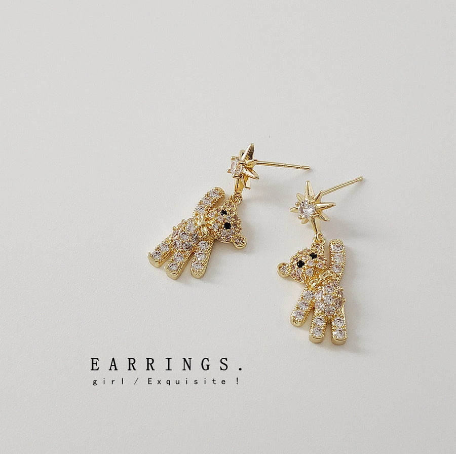 925 Silver-Plated 14K Bear Earrings