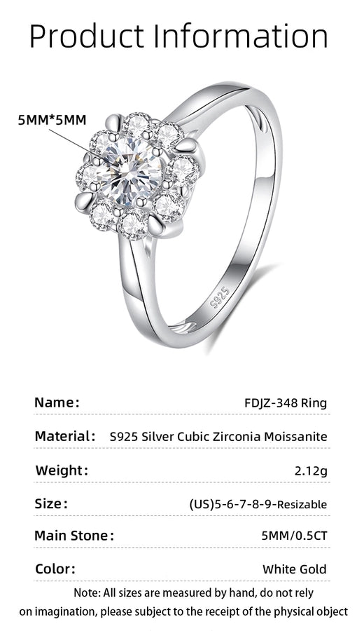 925 Sterling Silver Moissanite Zircon Flower Open Rings Rings