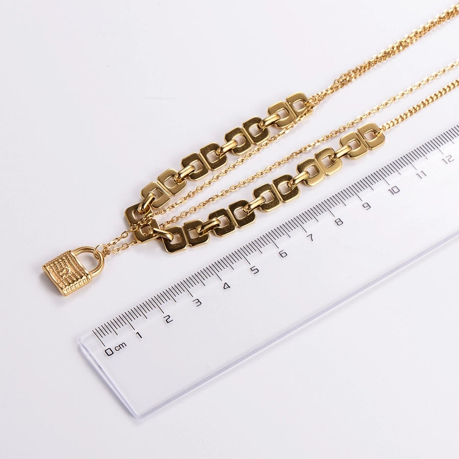 18K Gold Plated Casual Lock Layered Stainless Steel Necklaces