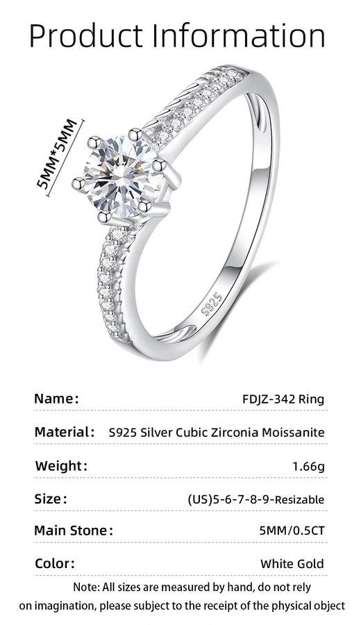 925 Sterling Silver Moissanite Zircon Round Open Rings