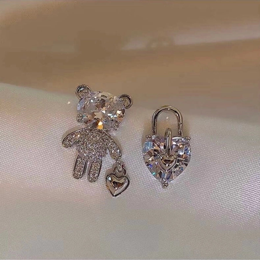 cute bear heart shape alloy asymmetrical inlay rhinestones women's ear studs 1 pair