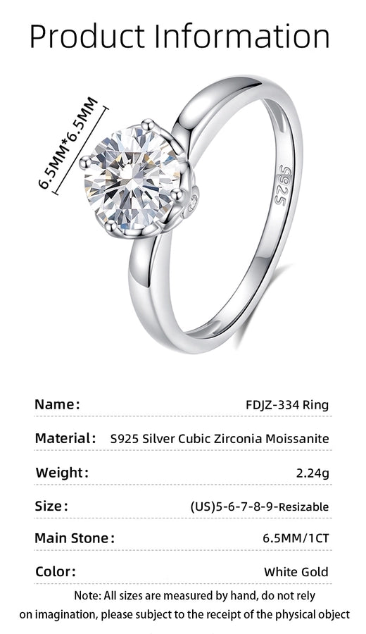 1.0ct 925 Sterling Silver Moissanite Zircon Round Rings