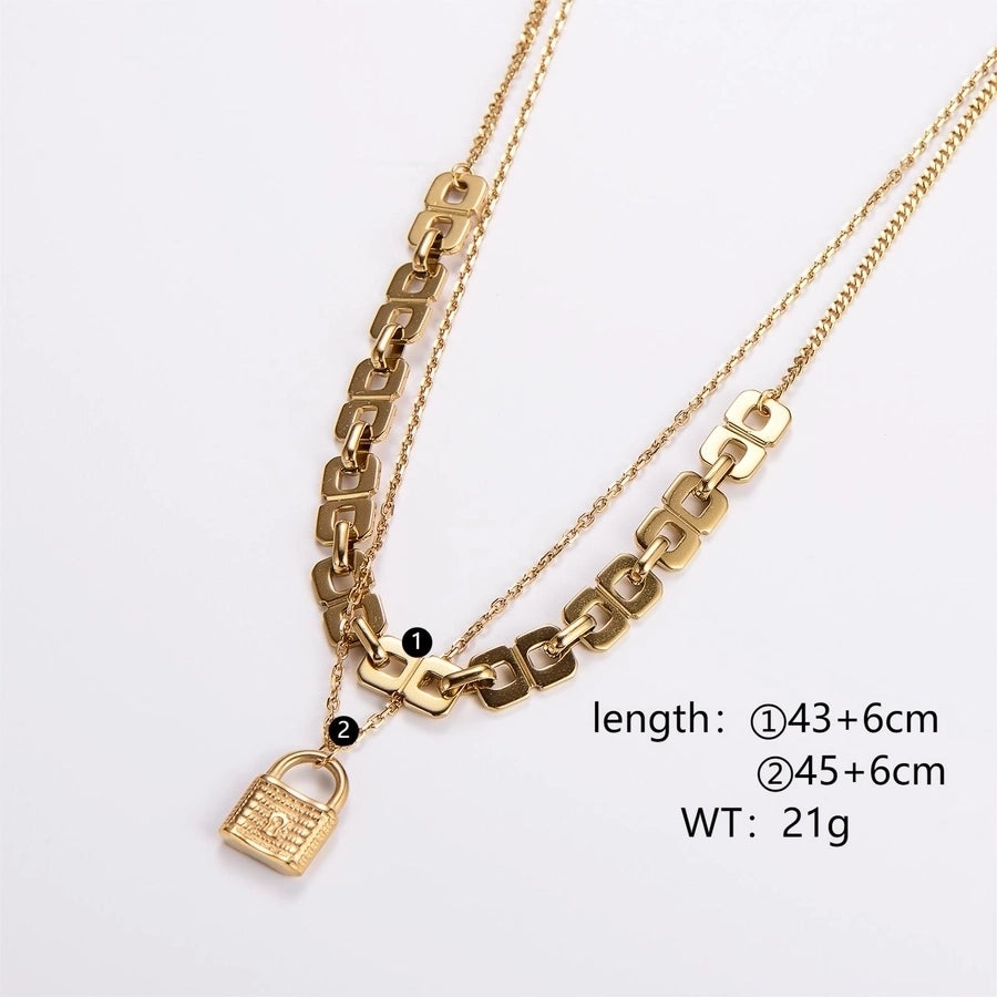 18K Gold Plated Casual Lock Layered Stainless Steel Necklaces