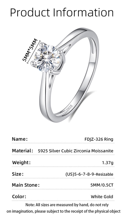 925 Sterling Silver Moissanite Zircon Round Open Rings