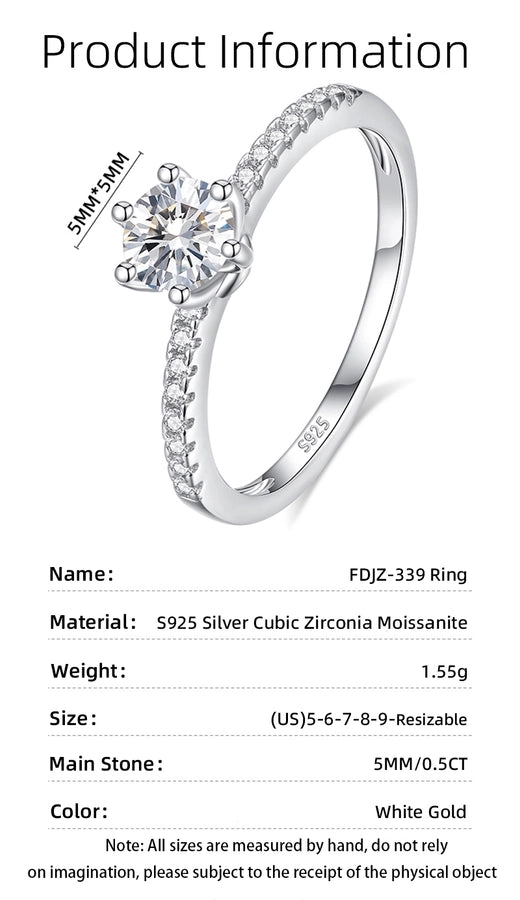 0.5ct 925 Sterling Silver Moissanite Zircon Round Rings