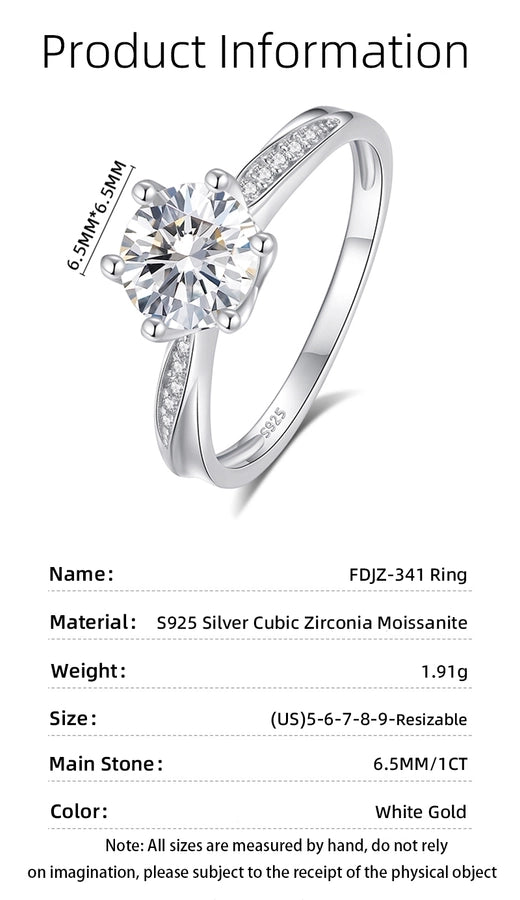 925 Sterling Silver Moissanite Zircon Round Rings