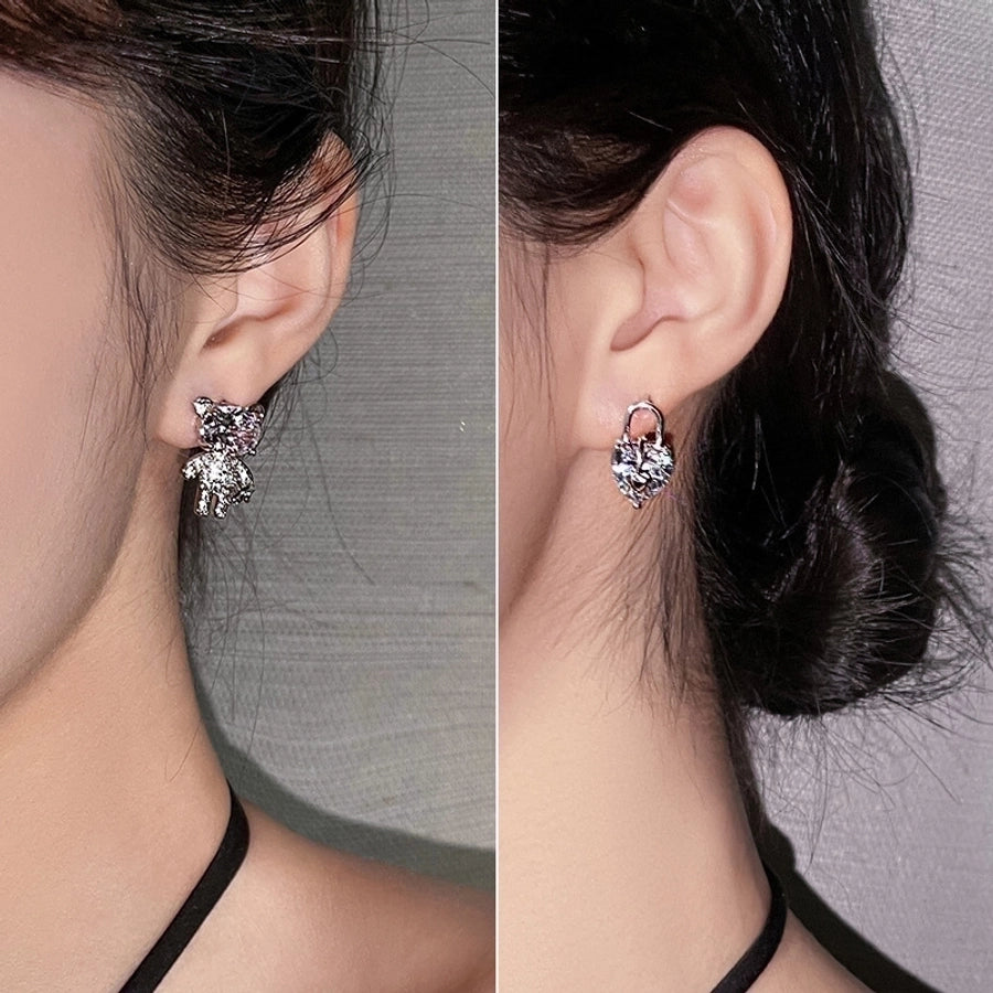 cute bear heart shape alloy asymmetrical inlay rhinestones women's ear studs 1 pair