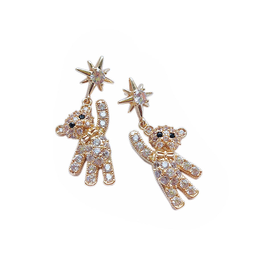 925 Silver-Plated 14K Bear Earrings